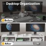 BONTEC Dual Monitor Stand Riser with Smartphone Holder, Adjustable Length & Swivel Angle, Ergonomic Wooden Desktop Organizer for PC Monitor, Laptop, Printer, Large Storage, 42.5 in, White - Image 3