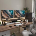 WESTREE Dual Monitor Stand Riser, Wood and Steel Multi-Purpose Desktop Storage Stand for 2 Monitors for Computer, Laptop, Printer, TV, Rustic Brown - Image 6