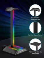 New Bee Headphone Stand with RGB Lighting, Sturdy Aluminum Gaming Headset Holder with USB-C & USB Charging Ports, Stable Desktop Earphone Stand for All Headphones Size, Black - Image 5