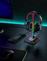 New Bee Headphone Stand with RGB Lighting, Sturdy Aluminum Gaming Headset Holder with USB-C & USB Charging Ports, Stable Desktop Earphone Stand for All Headphones Size, Black - Image 7