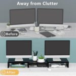 TAVR Monitor Stand Riser, Office Desktop Organizer Stand for 2 Monitors | Adjustable Length and Angle 3 Shelf, Extra Long Multifunctional Wooden Stand up to 43.3" fit Computer, Laptop, TV, Black - Image 3