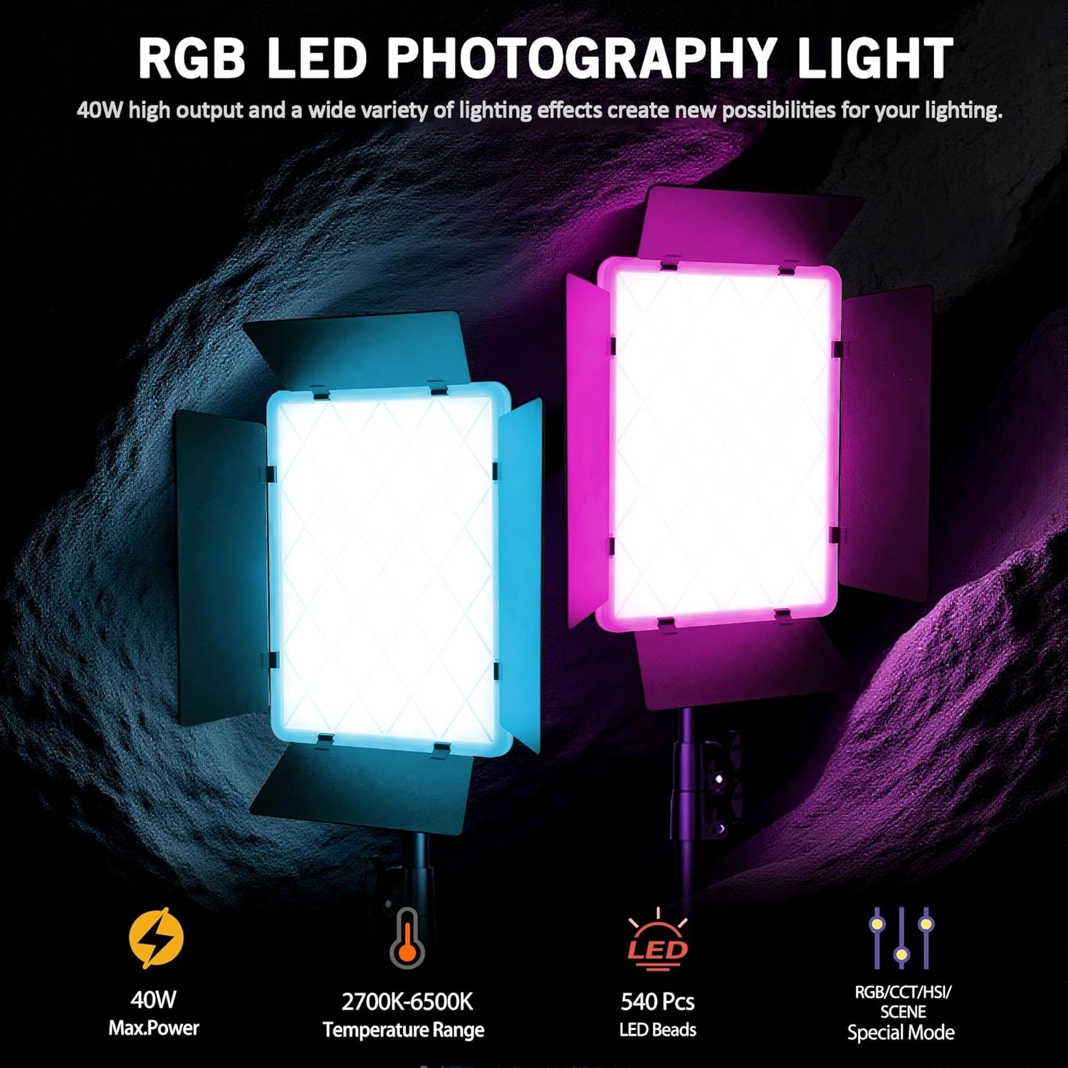 NiceVeedi 2-Pack RGB Photography Lighting with 20 Effects, 40W/360° Full Color/2700-6500K Studio Lights with Remote & Display, Video Light for Video Recording/Photography/Streaming/YouTube/TikTok - Image 3