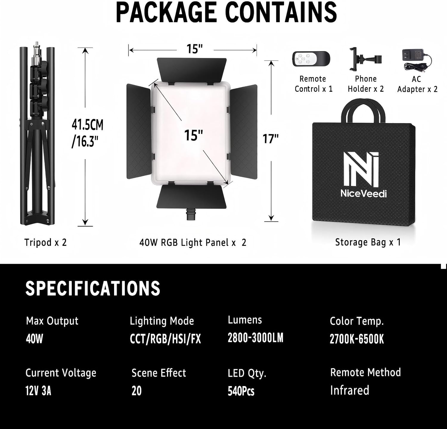 NiceVeedi 2-Pack RGB Photography Lighting with 20 Effects, 40W/360° Full Color/2700-6500K Studio Lights with Remote & Display, Video Light for Video Recording/Photography/Streaming/YouTube/TikTok - Image 9