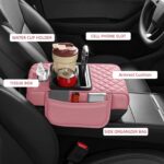 5 in 1 Nappa Leather Console Armrest Cover, Pink | Built-in cup holder, tissue slot, phone holder & 2 storage pockets, practical car accessories fit SUV sedan truck - Image 3