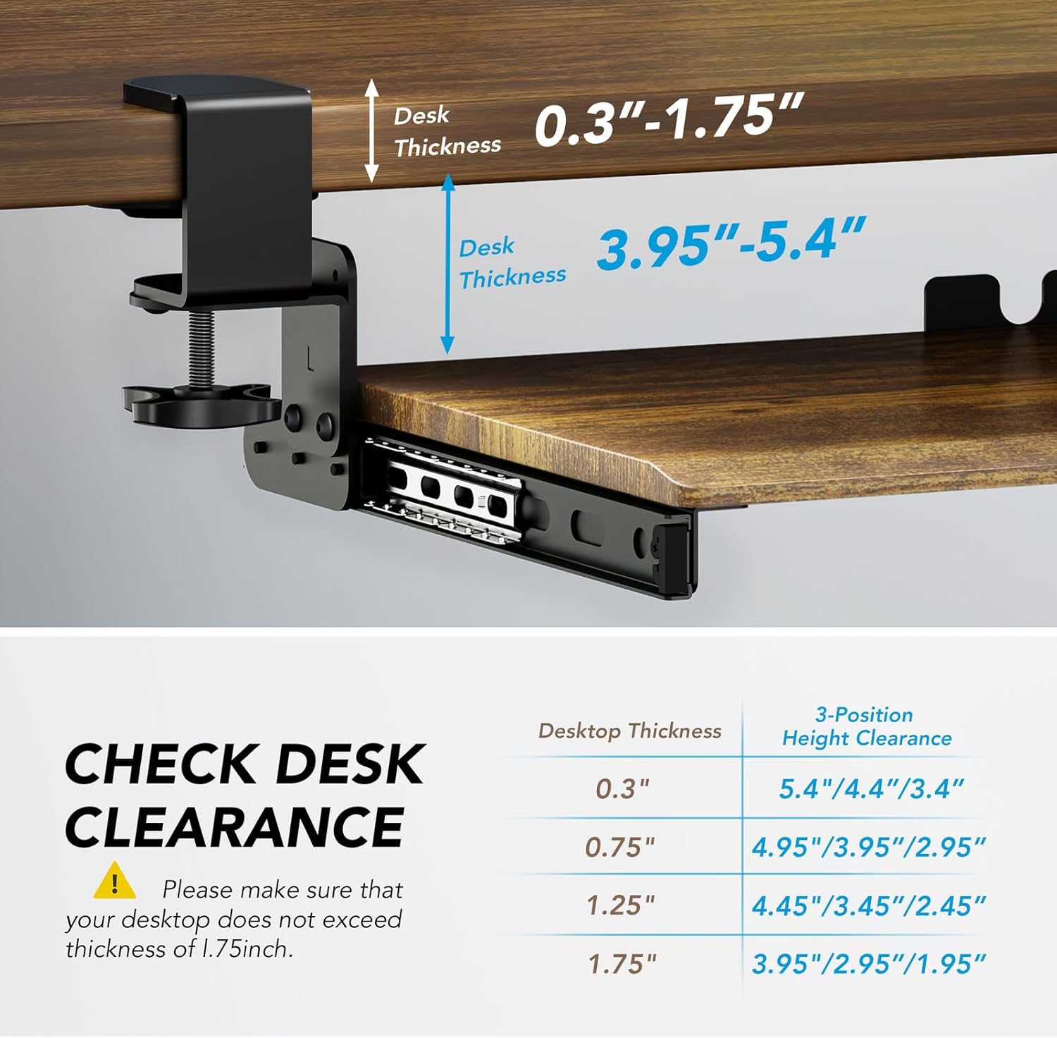 AX WABER Keyboard Tray Under Desk Pull Out with Extra Sturdy C Clamp Mount System, 27.3 (32.5 inch Including Clamps) x 11 Inch Slide-Out Platform Computer Drawer for Typing Vintage AX01WG02 - Image 6
