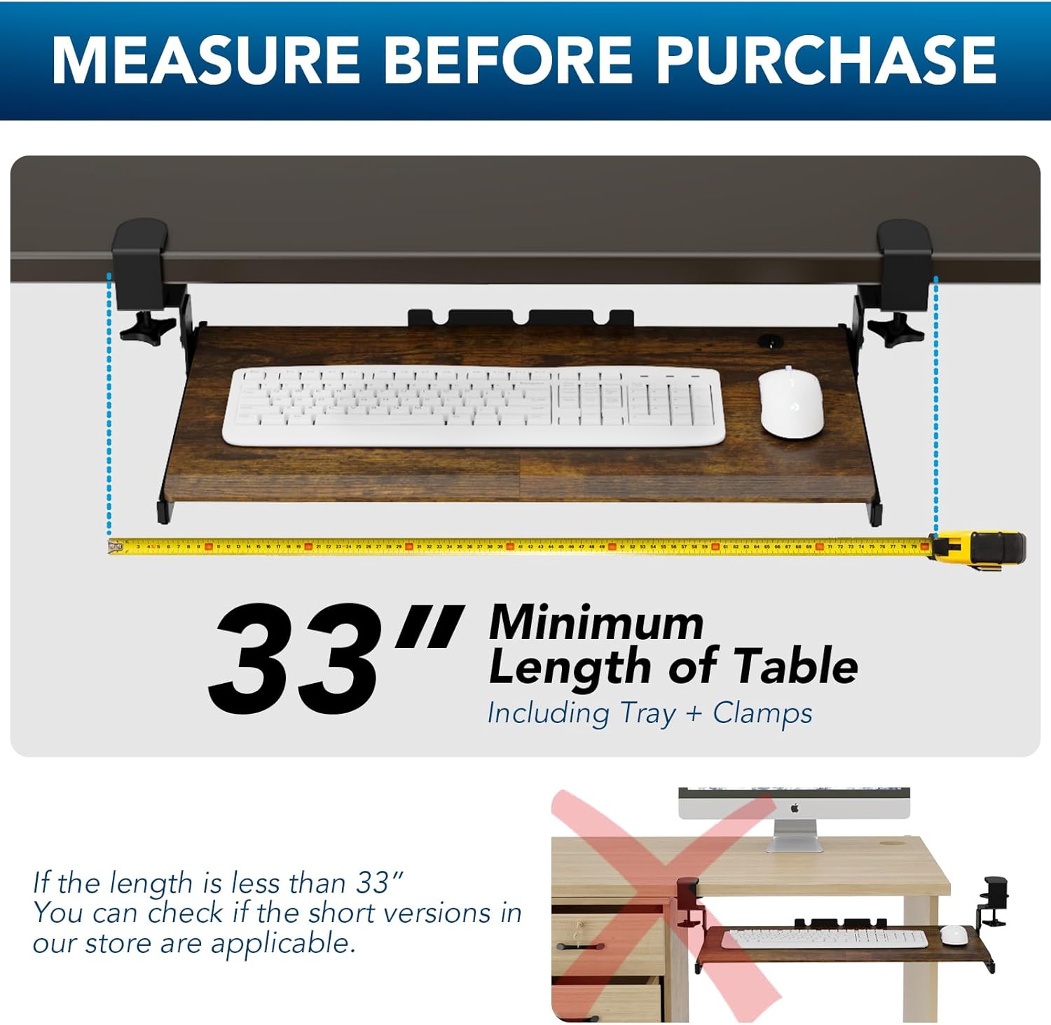 AX WABER Keyboard Tray Under Desk Pull Out with Extra Sturdy C Clamp Mount System, 27.3 (32.5 inch Including Clamps) x 11 Inch Slide-Out Platform Computer Drawer for Typing Vintage AX01WG02 - Image 7