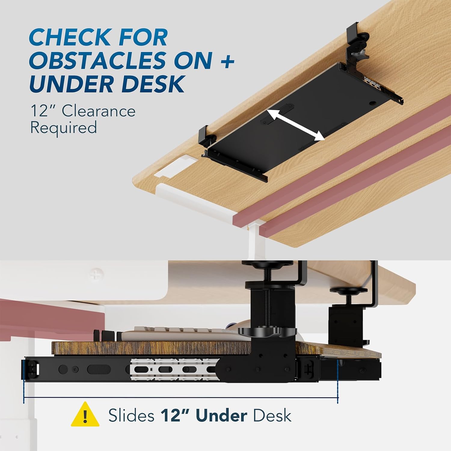 AX WABER Keyboard Tray Under Desk Pull Out with Extra Sturdy C Clamp Mount System, 27.3 (32.5 inch Including Clamps) x 11 Inch Slide-Out Platform Computer Drawer for Typing Vintage AX01WG02 - Image 8