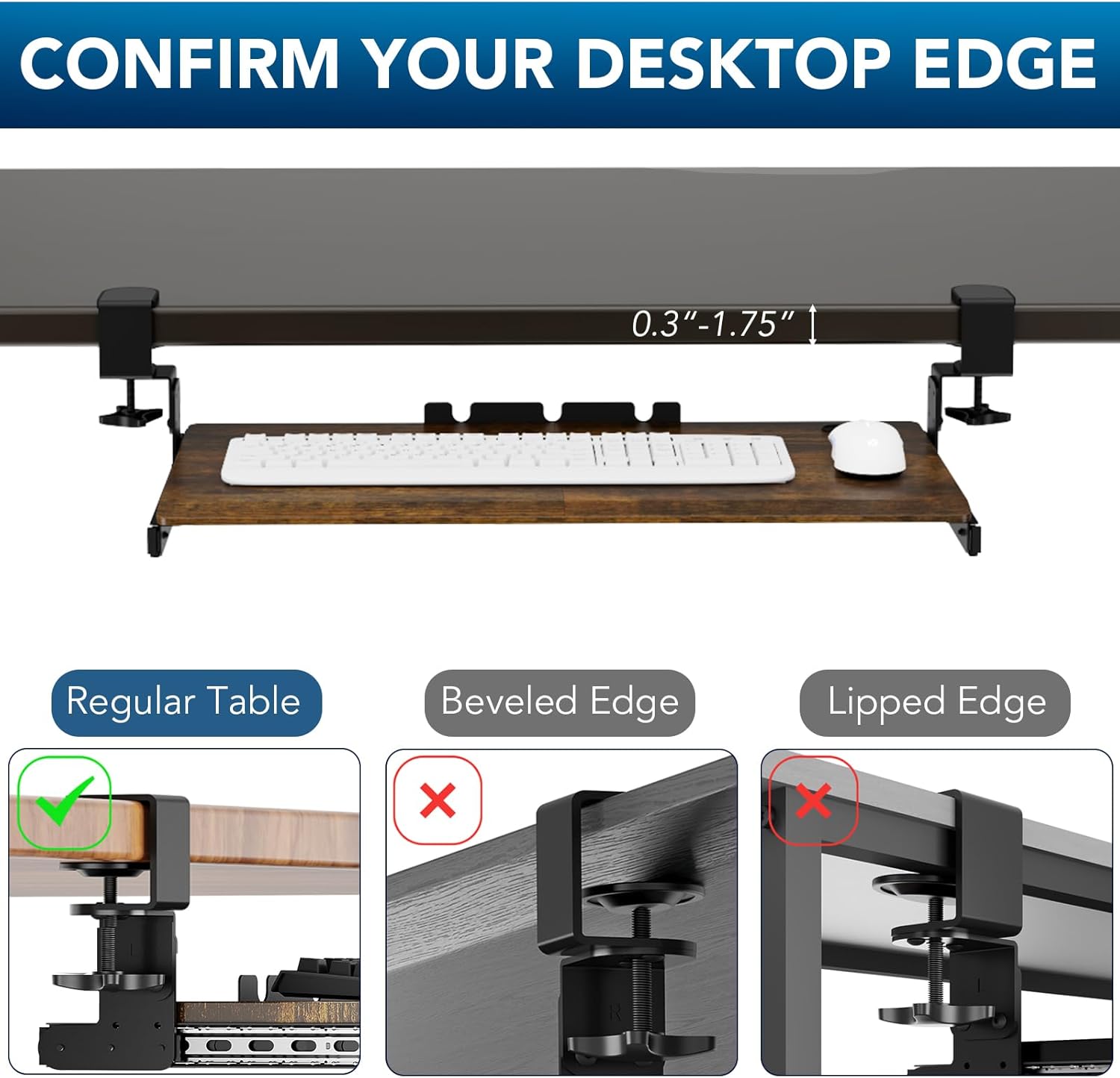 AX WABER Keyboard Tray Under Desk Pull Out with Extra Sturdy C Clamp Mount System, 27.3 (32.5 inch Including Clamps) x 11 Inch Slide-Out Platform Computer Drawer for Typing Vintage AX01WG02 - Image 9