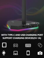 RGB Headphones Stand with 1 USB-C Data Transmission& 3 Type-C Charging Port, Desk Gaming Headset Holder with 7 Light Modes and Non-Slip Rubber Base (Black) - Image 3