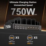 750W Charging Station for Multiple Devices, Zobirez 10-Port Fast Charger, 5 USB-C 120W Each and 5 USB-A 30W Each, Desktop Charging Hub for Laptop Phone Tablet, Black - Image 3