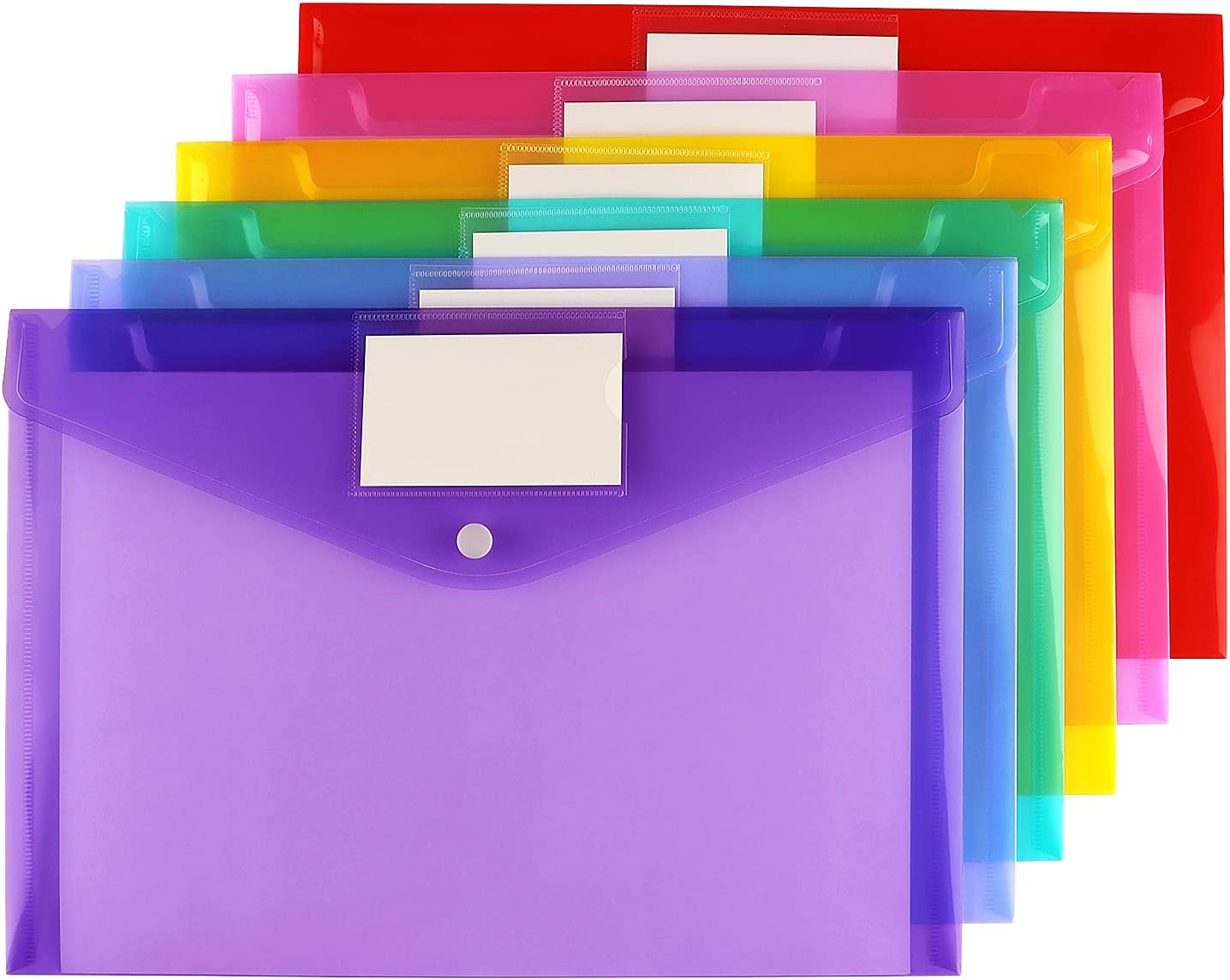 6 Pack Clear Document Folders Plastic Envelopes, A4 Size, 6 Colors | Poly Envelopes File Envelopes with Label Pocket and Snap Button, for Home Work Office Organization - Image 3