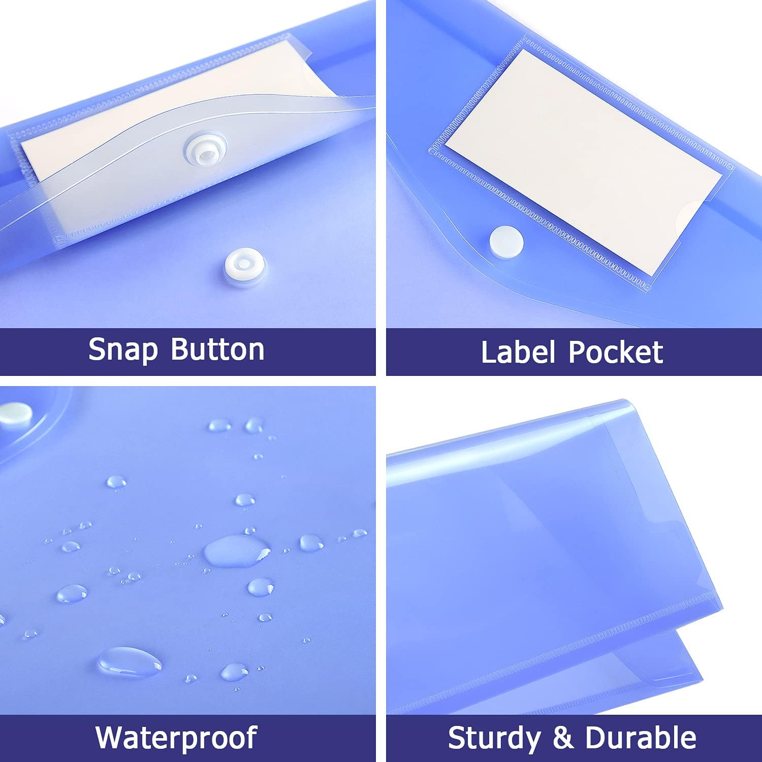 6 Pack Clear Document Folders Plastic Envelopes, A4 Size, 6 Colors | Poly Envelopes File Envelopes with Label Pocket and Snap Button, for Home Work Office Organization - Image 5