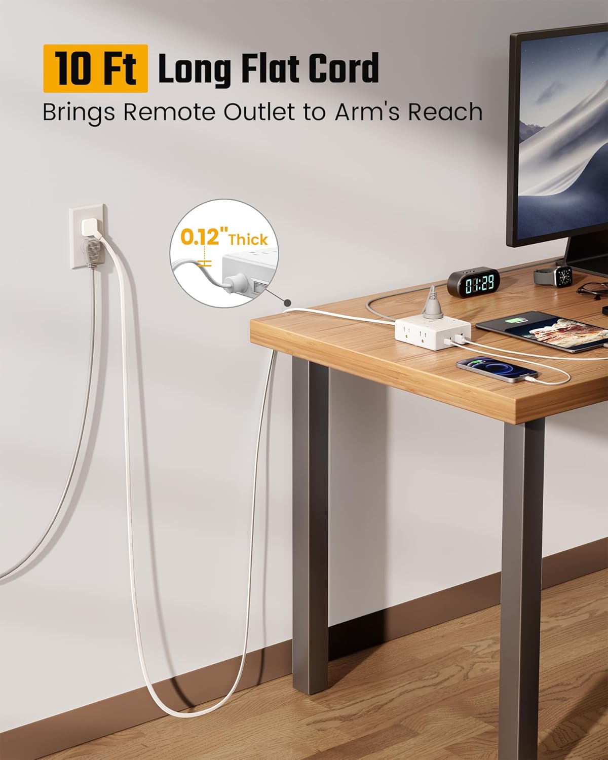 10Ft Extension Cord with Multiple Outlets, Flat Plug Surge Protector Power Strip 10 Ft Long Cord, 8 Outlets & 4 USB Ports (2 USB C), Desk Charging Station for Home Office, College Dorm Room Essentials - Image 3