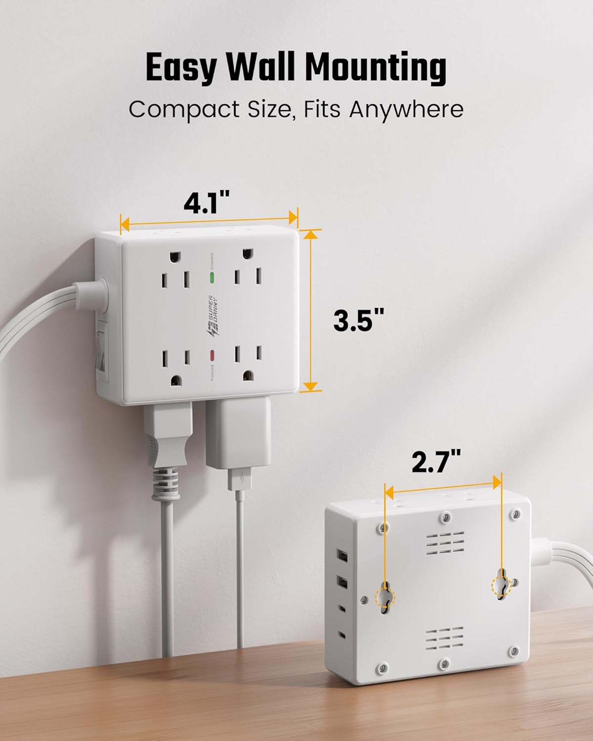 10Ft Extension Cord with Multiple Outlets, Flat Plug Surge Protector Power Strip 10 Ft Long Cord, 8 Outlets & 4 USB Ports (2 USB C), Desk Charging Station for Home Office, College Dorm Room Essentials - Image 8