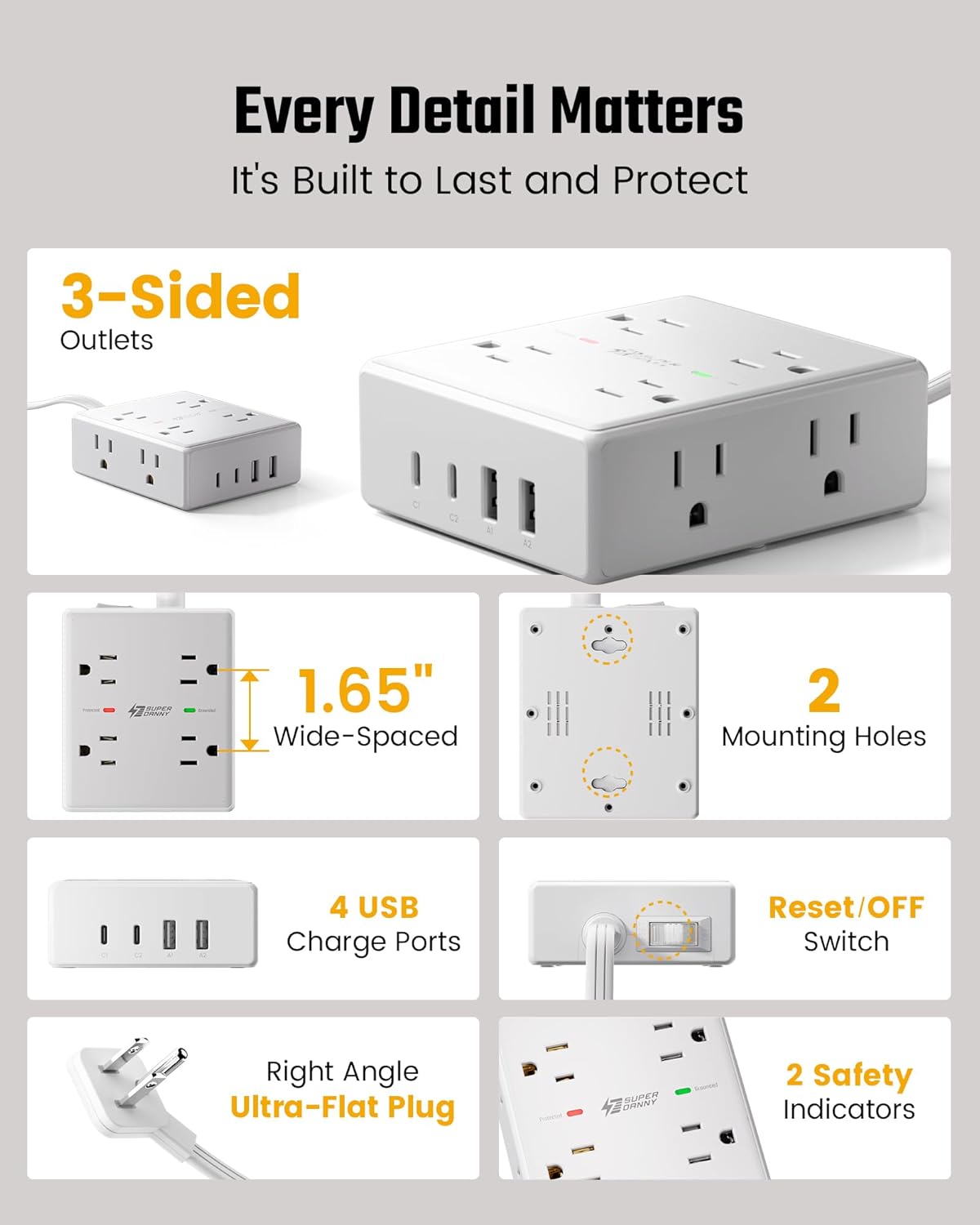 10Ft Extension Cord with Multiple Outlets, Flat Plug Surge Protector Power Strip 10 Ft Long Cord, 8 Outlets & 4 USB Ports (2 USB C), Desk Charging Station for Home Office, College Dorm Room Essentials - Image 9