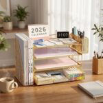 OPNICE Desk Organizer, 4-Tier Desktop File Organizer with Drawer and Pen Holders, Office Desk Accessories, File Sorters, Workspace Organizers for Office Supplies(Gold - Metal Pen Holder) - Image 4