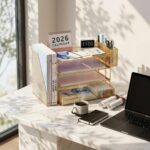 OPNICE Desk Organizer, 4-Tier Desktop File Organizer with Drawer and Pen Holders, Office Desk Accessories, File Sorters, Workspace Organizers for Office Supplies(Gold - Metal Pen Holder) - Image 10