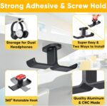 Under Desk Headphone Hanger with Strong Adhesive and Screws Mount, 360° Rotatable Dual Headset Holder Stand, Aluminum Metal Adjustable Headphone Hook, Perfect for Home Gaming & Office - Black - Image 3