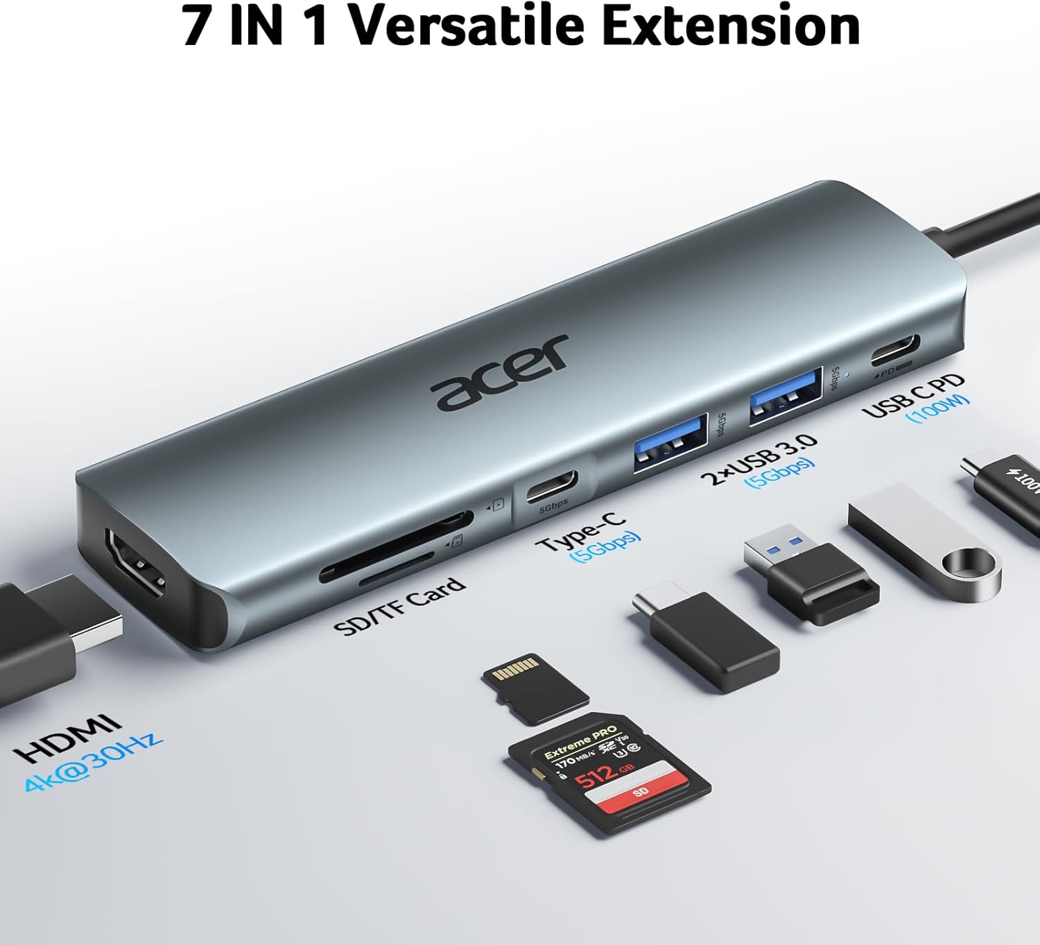 Acer USB C Hub, 7 in 1 Multi-Port Adapter for Laptop/Mac Type C Devices | 4K USB C to HDMI Splitter Hub, 100W Max PD Port, 2 USB 3.0 & 1 USB C Data Ports 5Gbps, SD/TF Card Reader - Image 3