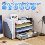 OPNICE Desk Organizer, 4-Tier Desktop File Organizer with Drawer and Pen Holders, Office Desk Accessories, File Sorters, Workspace Organizers for Office Supplies(Black) - Image 7