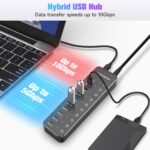 RSHTECH 10 Ports Powered USB 3.2/USB C Hub Splitter 60W with 3 x 10Gbps USB 3.2 Ports (2C + 1A),7 x USB 3.0 Ports (4C + 3A), 3.3ft Cable and Individual Touch Switches for Laptop PC - Image 4