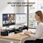 OPNICE Desk Organizers and Accessories, Dual Monitor Stand Riser with Drawer and 2 Pen Holders, Desk Shelf Computer Racks for Office Workspace Organizers, Desktop Organization (Black) - Image 4