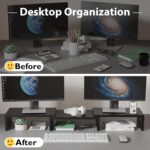 BONTEC Dual Monitor Stand Riser, Adjustable Length & Swivel Angle, Black | Ergonomic Wooden Desktop Organizer with Smartphone Holder, Computer Monitor Stand for PC, Laptop, Printer and Large Storage - Image 3