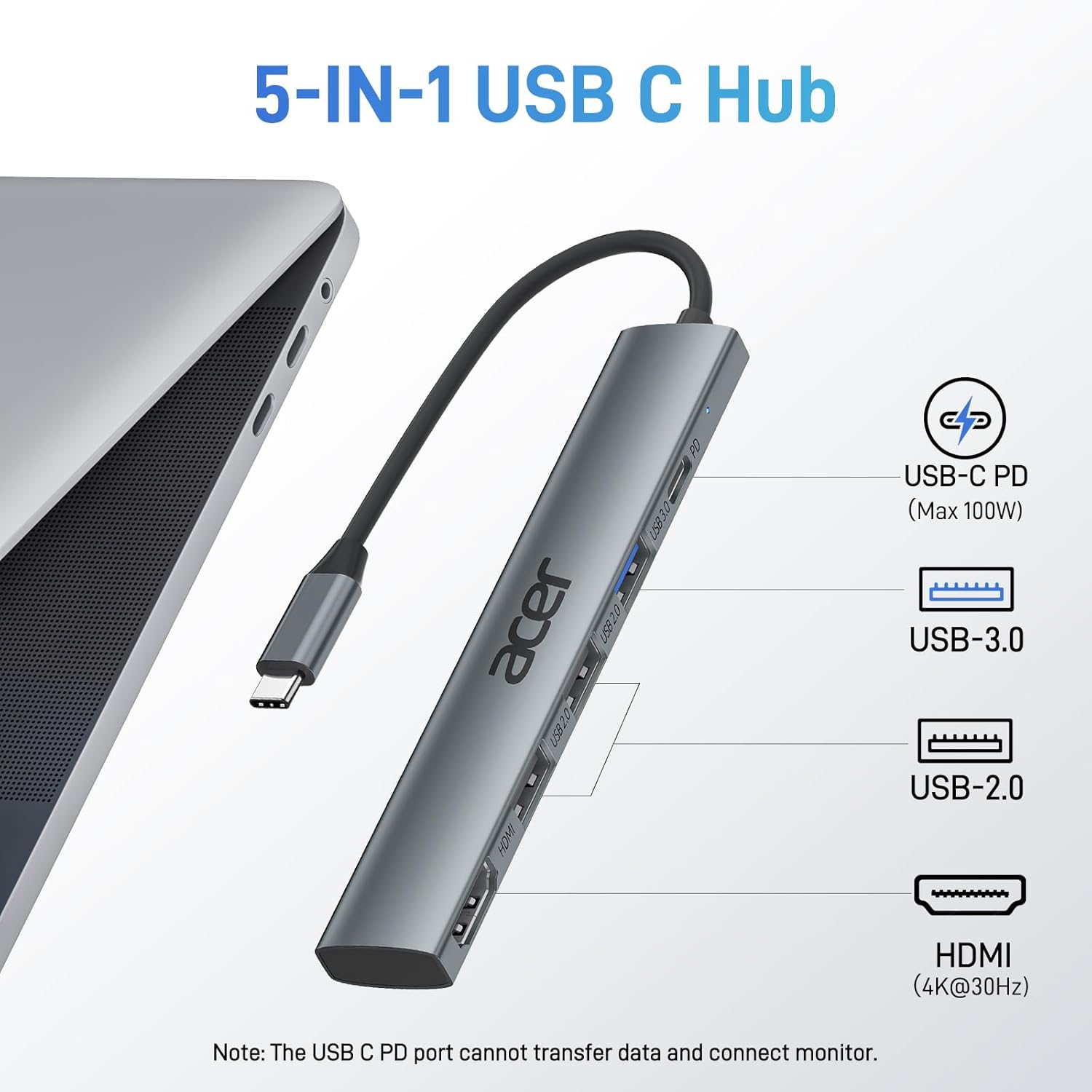 Acer 5 in 1 USB C Hub with 4K HDMI, 100W Power Delivery, 3 USB A Data Ports | USB C to HDMI Multiport Adapter for Laptop, PC, Tablet, MacBook Neo/Pro/Air, iPad Pro/Air, iMac, iPhone 17/16/15 - Image 3