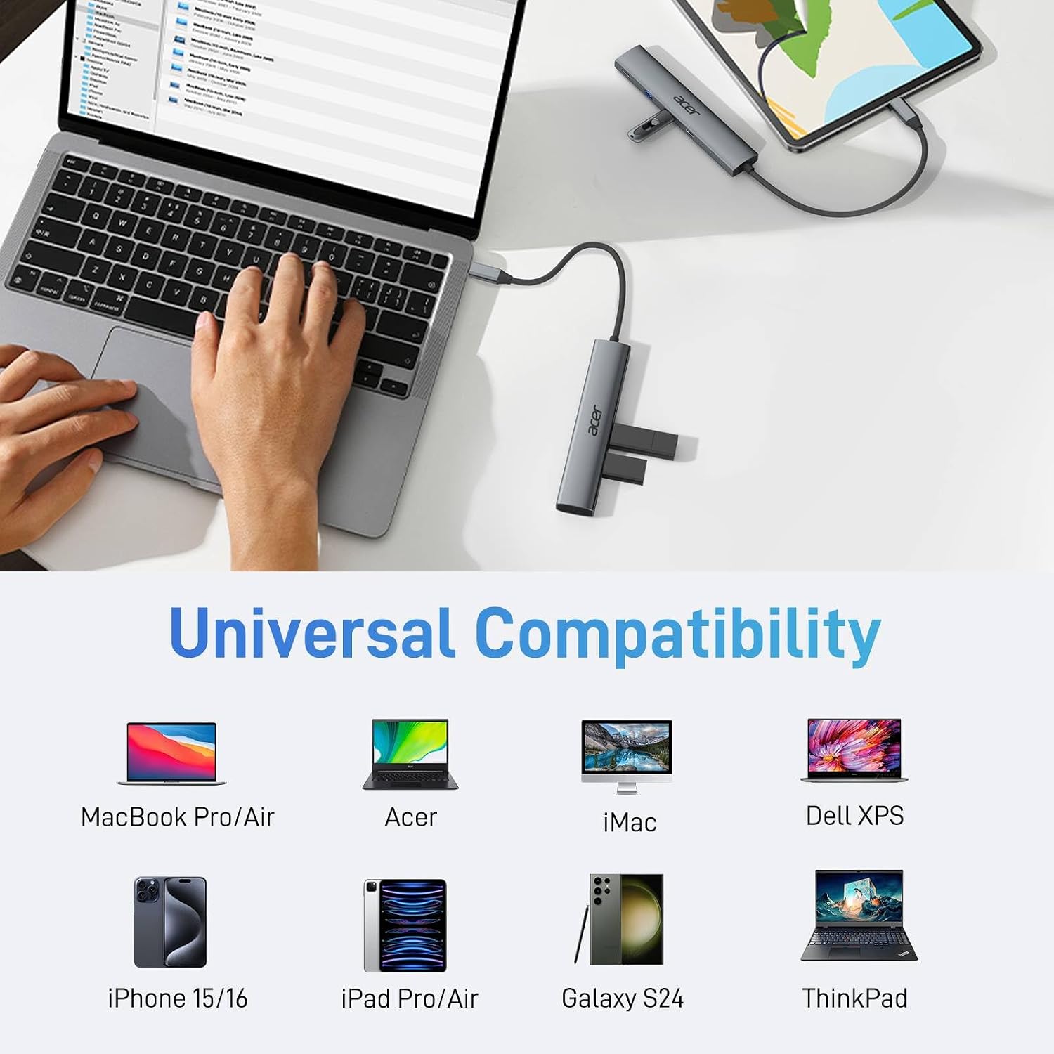 Acer 5 in 1 USB C Hub with 4K HDMI, 100W Power Delivery, 3 USB A Data Ports | USB C to HDMI Multiport Adapter for Laptop, PC, Tablet, MacBook Neo/Pro/Air, iPad Pro/Air, iMac, iPhone 17/16/15 - Image 9
