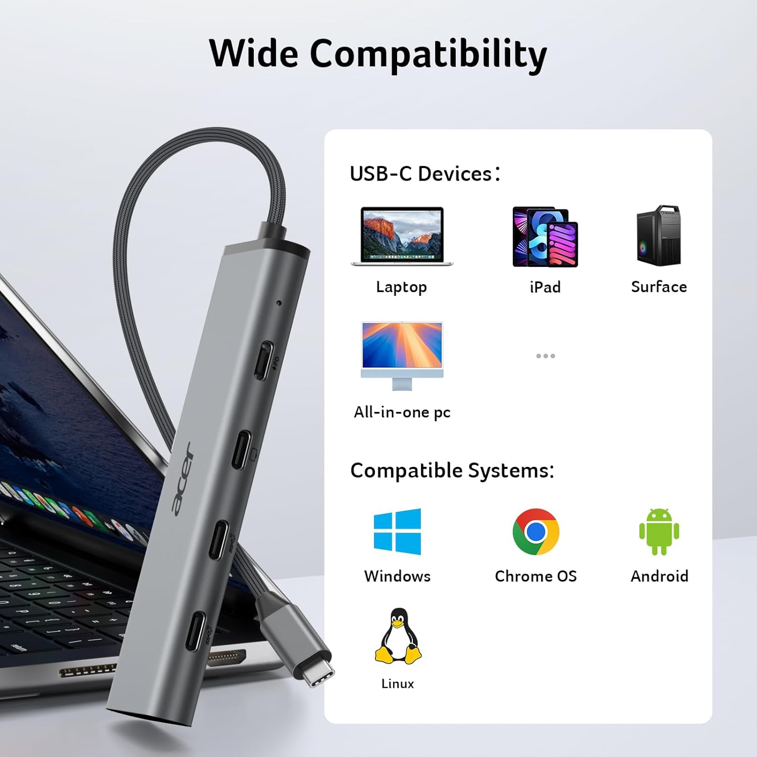 Acer 10Gbps USB C Hub with 4K@60Hz USB-C Display Output for Laptop | 4 Port USBC Splitter with 100W PD Port, 2*USB-C 3.2 Data, USB C Dongle for MacBook Neo/Pro/Air, iPad Pro and Type-C Devices - Image 10