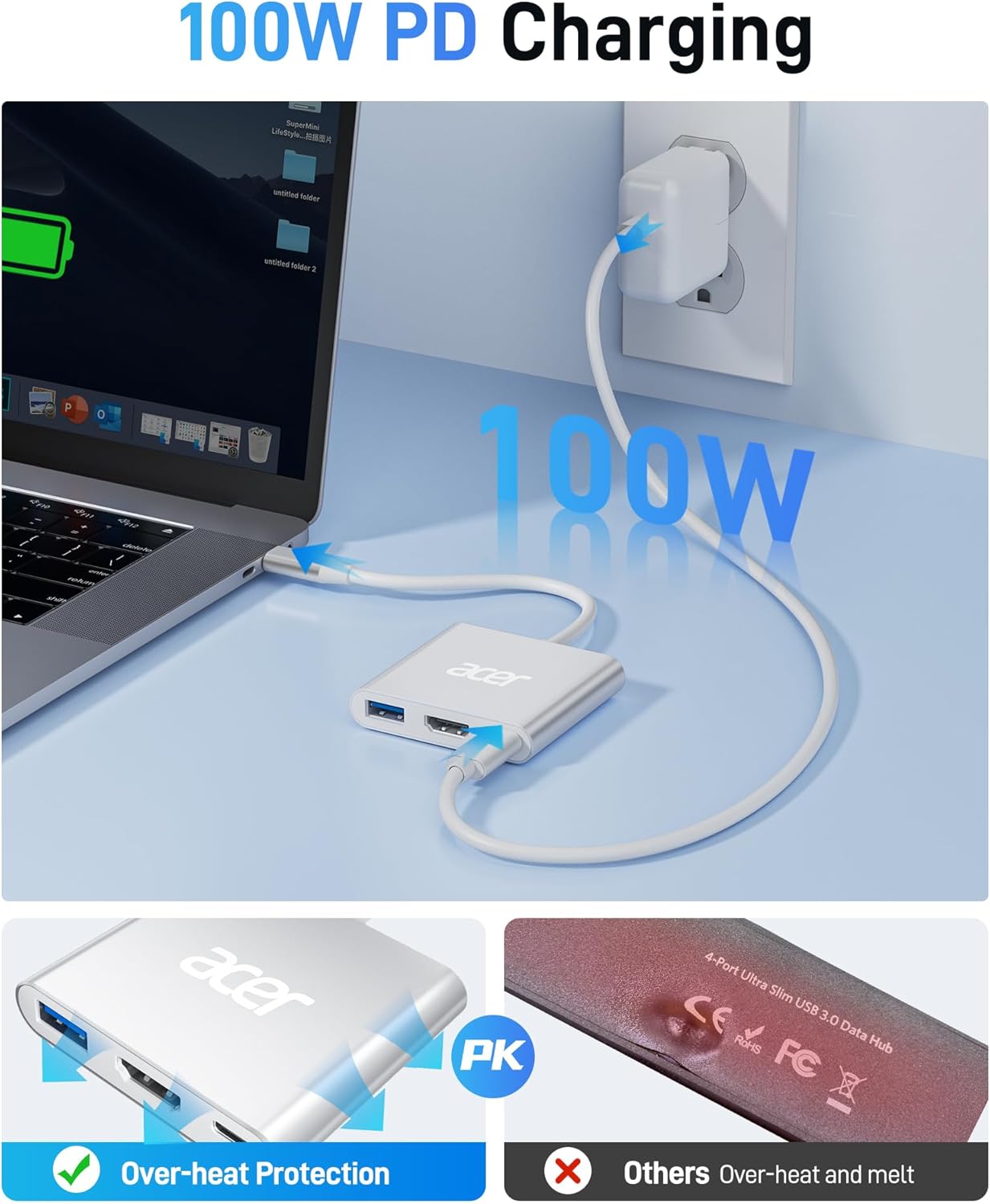 Acer USB C to HDMI Adapter, 4K USB C Hub with 100W PD for Laptop/Monitor/TV | HDMI to USBC Multiport Digital AV Converter, USBA 3.0 Port Compatible with MacBook Neo/Pro/Air, iPad, Acer Swift Go (Silver) - Image 4