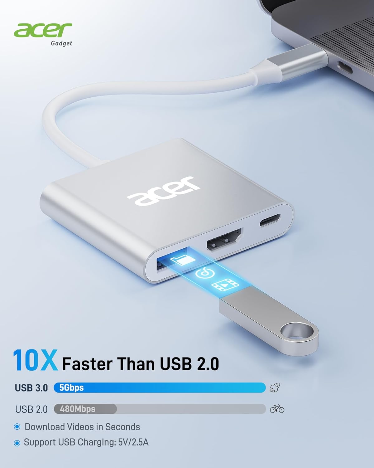 Acer USB C to HDMI Adapter, 4K USB C Hub with 100W PD for Laptop/Monitor/TV | HDMI to USBC Multiport Digital AV Converter, USBA 3.0 Port Compatible with MacBook Neo/Pro/Air, iPad, Acer Swift Go (Silver) - Image 5