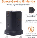 Amazon Basics Power Strip Tower Charging Station, Surge Protector 1080J, 9 Outlet with Integrated USB Charging Ports (2 USB-A and 1 USB-C), Space Saving, 15A, 6ft Cord, Black - Image 4