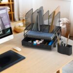 Simple Houseware Desk File Organizer for Office Supplies w/Drawer, Black | Double Tray, Pencil Holder, and 5 Upright Sections with Sliding Drawer - Image 4