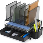 Simple Houseware Desk File Organizer for Office Supplies w/Drawer, Black | Double Tray, Pencil Holder, and 5 Upright Sections with Sliding Drawer - Image 5