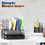Simple Houseware Desk File Organizer for Office Supplies w/Drawer, Black | Double Tray, Pencil Holder, and 5 Upright Sections with Sliding Drawer - Image 7