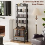 6-Tier DVD Shelf, Vinyl Record Storage Rack with Drawers | Industrial CD Storage Rack, Fits CDs, Books, and Albums, Media Tower Bookshelf for Living Room, Theater, 63 in Tall - Image 7