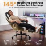 Gaming Chair Gamer Game Ergonomic with Footstool Lumbar Support Deep Black | Headrest, Height and Backrest Adjustable, Deep Black Leather, 210 KG Heavy Duty Load Capacity 52cm Wingless Cushion - Image 8