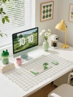 Scalloped‌ Beige Checkered Gingham Desk Mat Cute Pastel Large Mouse Pad Kawaii Cottagecore ‌Vintage‌ Rustic Keyboard Pad Computer Mat for Desktop Aesthetic Cozy Office Desk Decor - Image 3