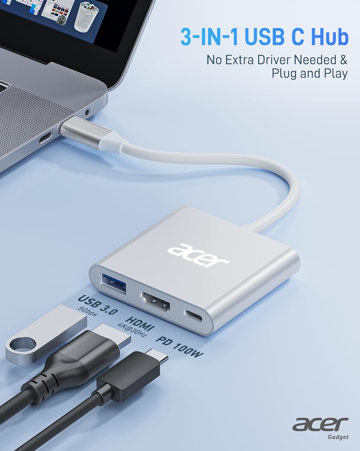Acer USB C to HDMI Adapter, 4K USB C Hub with 100W PD for Laptop/Monitor/TV | HDMI to USBC Multiport Digital AV Converter, USBA 3.0 Port Compatible with MacBook Neo/Pro/Air, iPad, Acer Swift Go (Silver) - Image 2