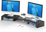 BONTEC Dual Monitor Stand Riser, Adjustable Length & Swivel Angle, Black | Ergonomic Wooden Desktop Organizer with Smartphone Holder, Computer Monitor Stand for PC, Laptop, Printer and Large Storage - Image 2