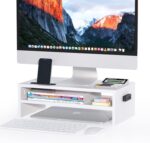 BONTEC Wooden Monitor Stand Riser for Desk, 2-Tier Computer Monitor Stand | 66 lbs Desk Shelf Organizer with Storage, Laptop & Printer Stand with Phone Holder and Cable Management, White, 16.5 Inch - Image 2