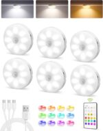 EZVALO 6-Pack RGB Under Cabinet Lights with Remote, Rechargeable Motion Sensor Puck Lights, 3 Color Temps, 12 RGB Colors, Dimmable, Magnetic Stick On Lights for Counters, Closets, Shelves - Image 2