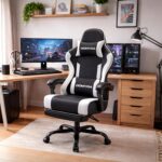 Gaming Chair Gamer Game Ergonomic with Footstool Lumbar Support Deep Black | Headrest, Height and Backrest Adjustable, Deep Black Leather, 210 KG Heavy Duty Load Capacity 52cm Wingless Cushion - Image 2