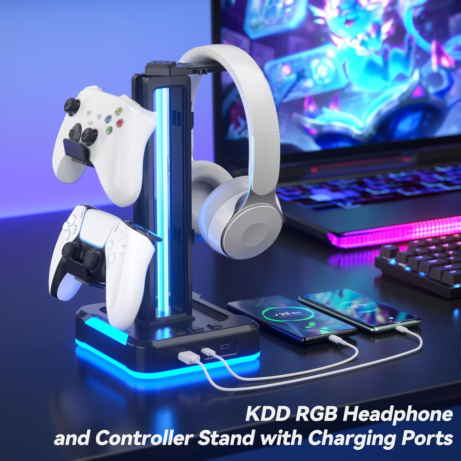 KDD RGB Gaming Headphone and Controller Stand with 2 Type-C and 1 USB Ports | Headset Stand with 9 Light Modes, Headset Holder for Desk, Controller Headphone Holder, For Gift PC Gaming Room Accessories - Image 2