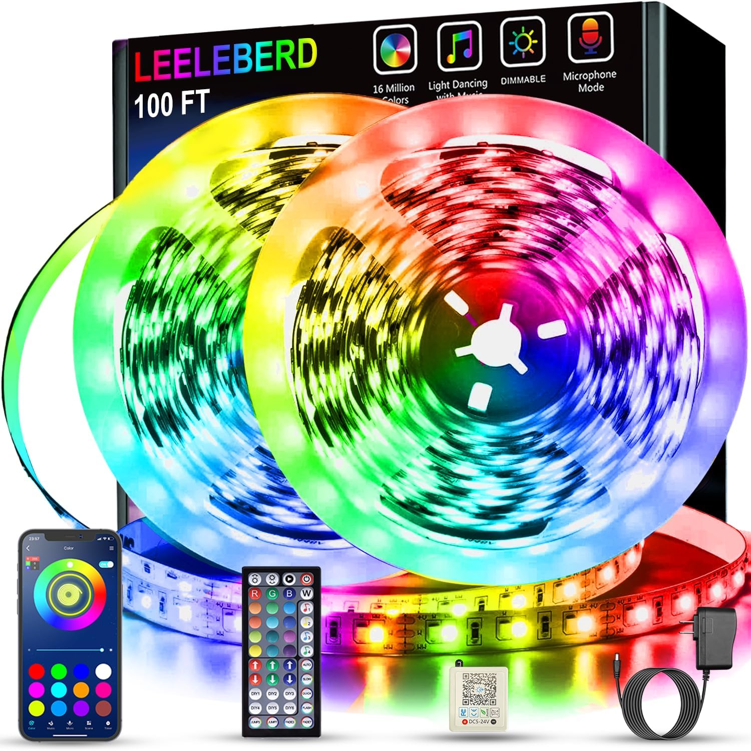 Leeleberd Led Lights for Bedroom 100 ft (2 Rolls of 50ft) Music Sync Color Changing RGB Led Strip Lights with Remote App Control Bluetooth Led Strip, Lights for Room Home Kitchen Party Decor - Image 2