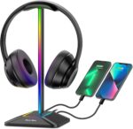 New Bee Headphone Stand with RGB Lighting, Sturdy Aluminum Gaming Headset Holder with USB-C & USB Charging Ports, Stable Desktop Earphone Stand for All Headphones Size, Black - Image 2