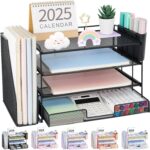 OPNICE Desk Organizer, 4-Tier Desktop File Organizer with Drawer and Pen Holders, Office Desk Accessories, File Sorters, Workspace Organizers for Office Supplies(Black) - Image 2