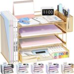 OPNICE Desk Organizer, 4-Tier Desktop File Organizer with Drawer and Pen Holders, Office Desk Accessories, File Sorters, Workspace Organizers for Office Supplies(Gold - Metal Pen Holder) - Image 2