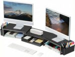 OPNICE Desk Organizers and Accessories, Dual Monitor Stand Riser with Drawer and 2 Pen Holders, Desk Shelf Computer Racks for Office Workspace Organizers, Desktop Organization (Black) - Image 2